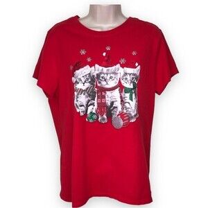 Three Wise Kittens Red Christmas Holiday Short Sleeve Crew Neck T Shirt Women XL